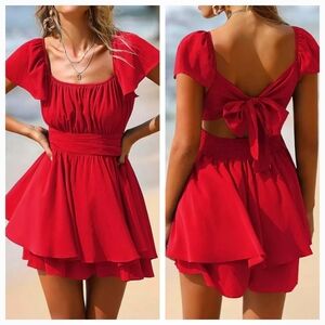 Exlura Summer Ruffle Tie Cutout Back Romper Dress Red